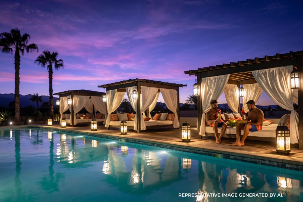 Relaxed modern pool environment with LGBTQ guests enjoying sunshine