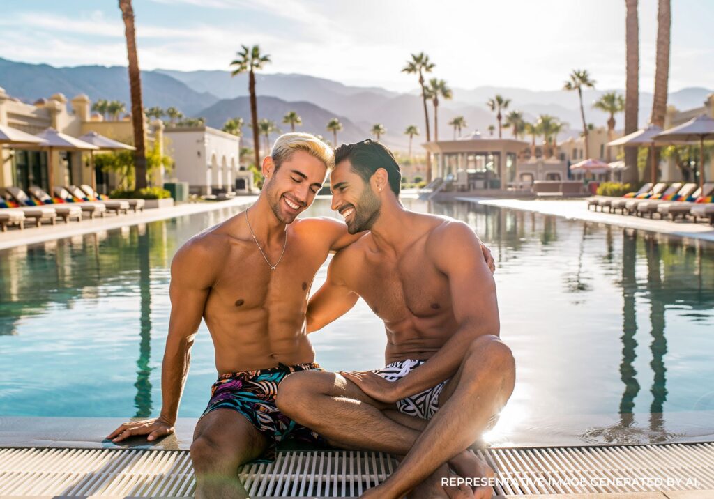 LGBTQ couple relaxing together by a luxury pool in Palm Springs with mountain views.
