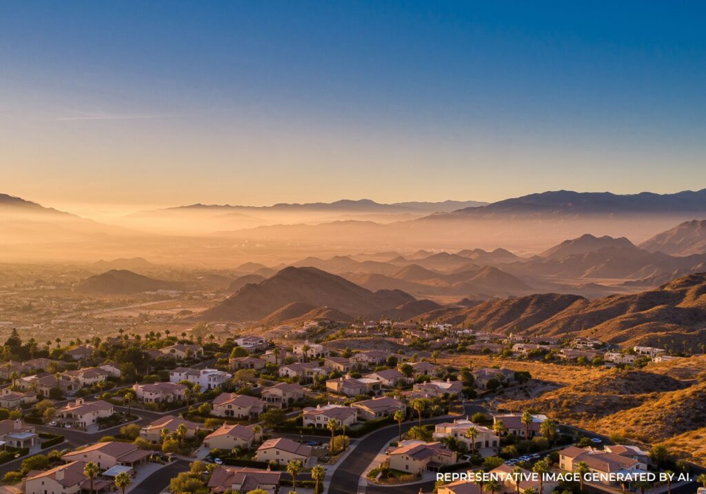 Palm Springs skyline with mountains and palm trees at sunset