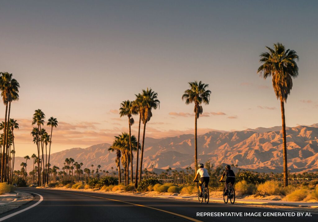 Palm grove and desert mountains under colorful twilight sky