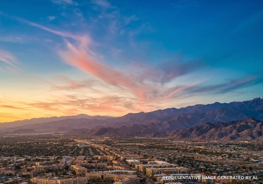 Early sunrise lighting desert mountains and palm trees in Palm Springs