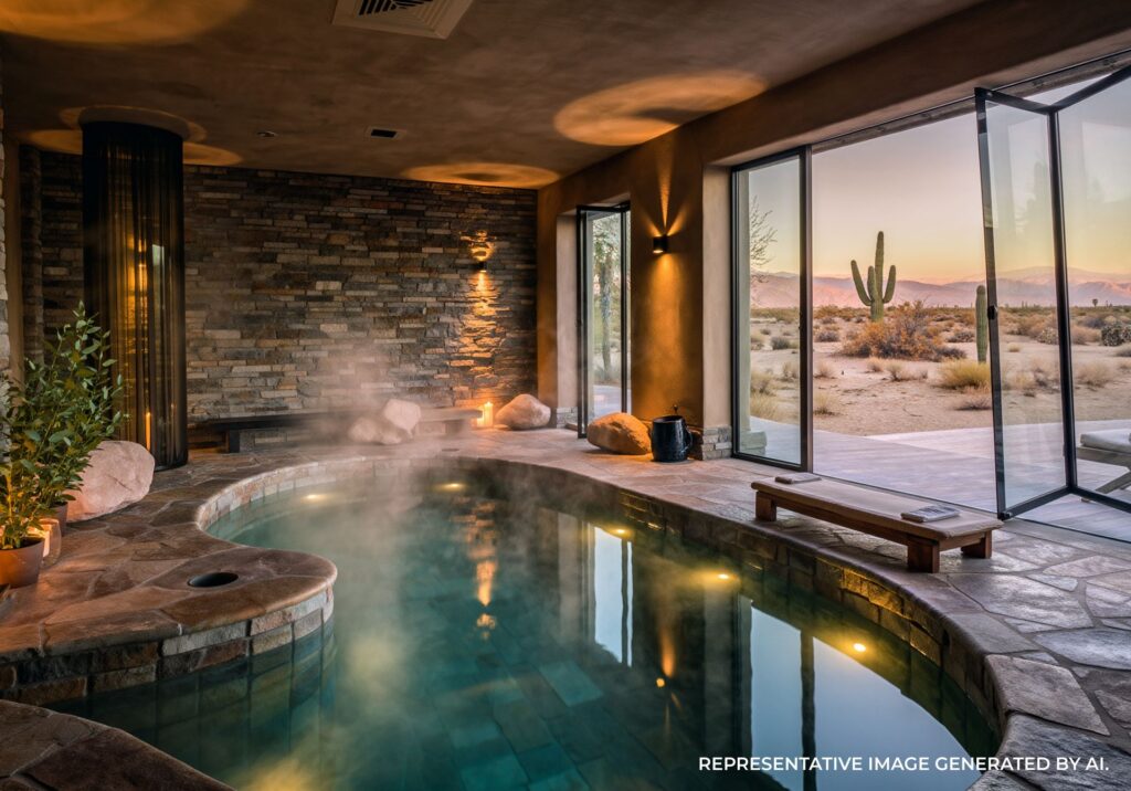 Luxury spa lounge in Palm Springs with natural wood and stone decor.