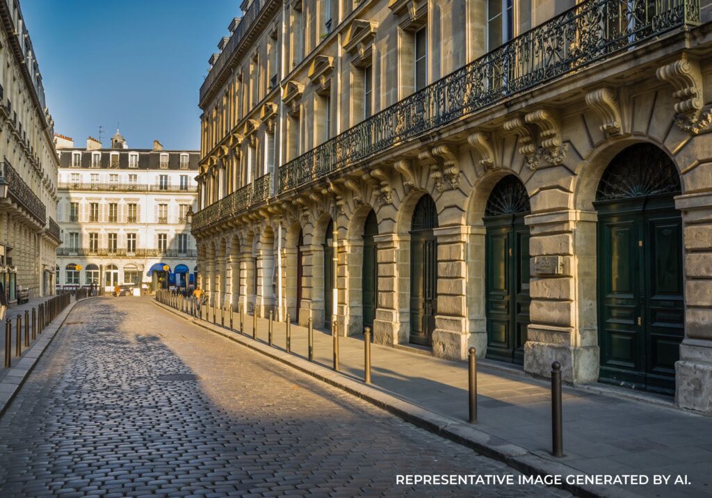 Elegant stone building with ornate columns and large windows along a cobblestone street in Paris.