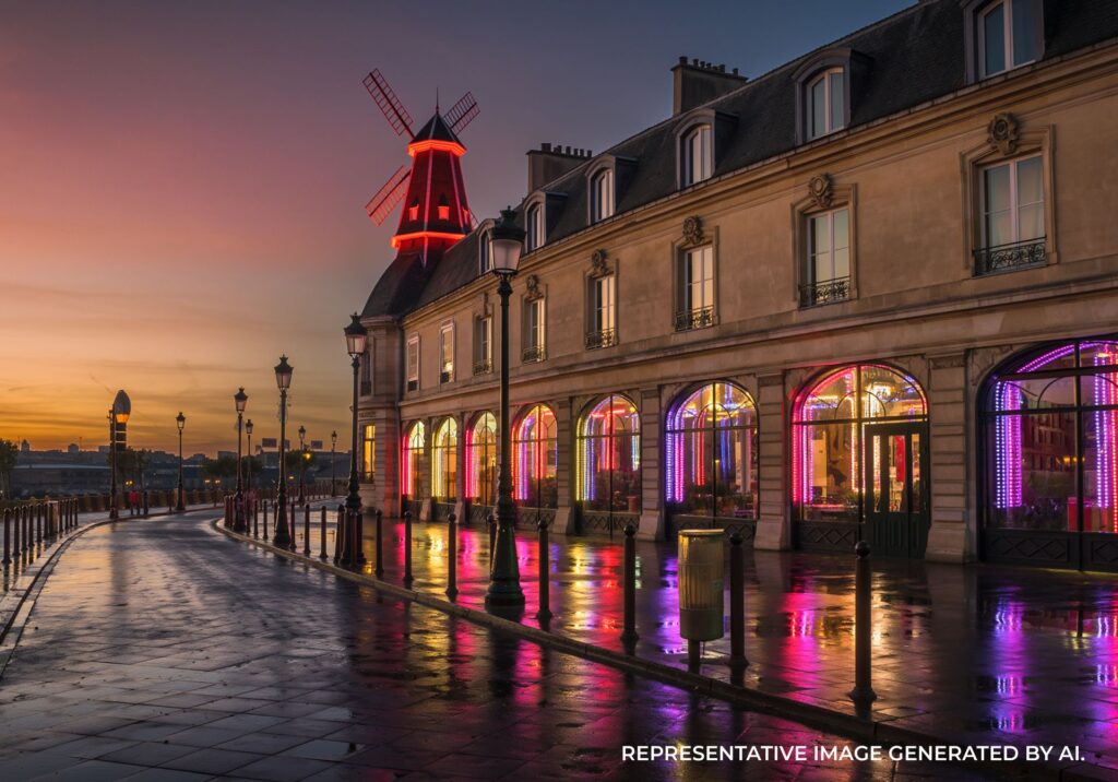 The Moulin Rouge cabaret with its famous red windmill and neon lights at sunset.