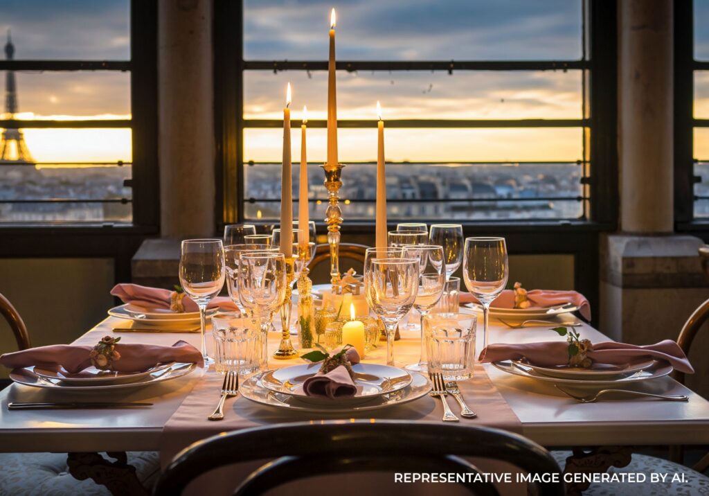 Elegant table setting with gourmet dinner overlooking the Eiffel Tower at dusk