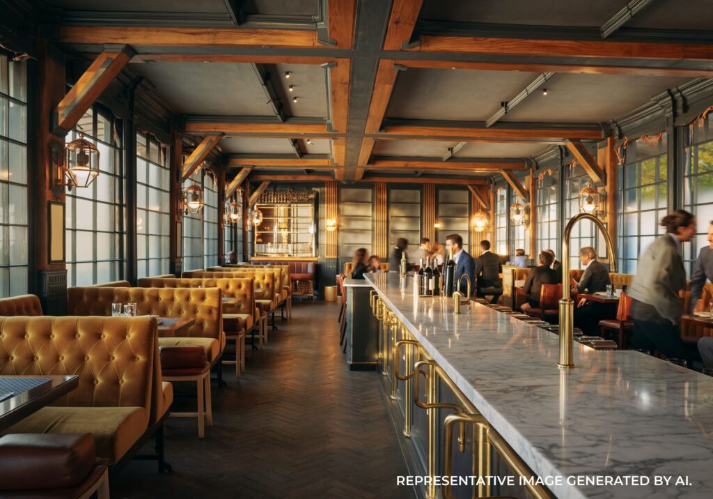 Bright contemporary restaurant interior with wood beams, warm lighting, and tidy tables in Paris.