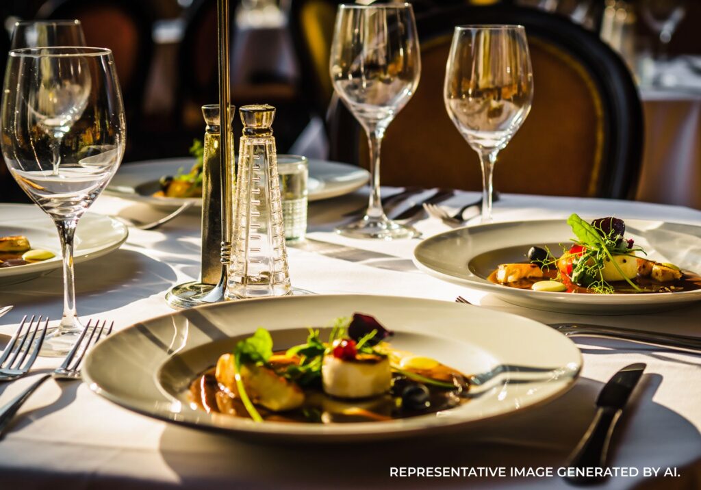 Elegant plated dish with gourmet presentation on a white table setting in Paris.