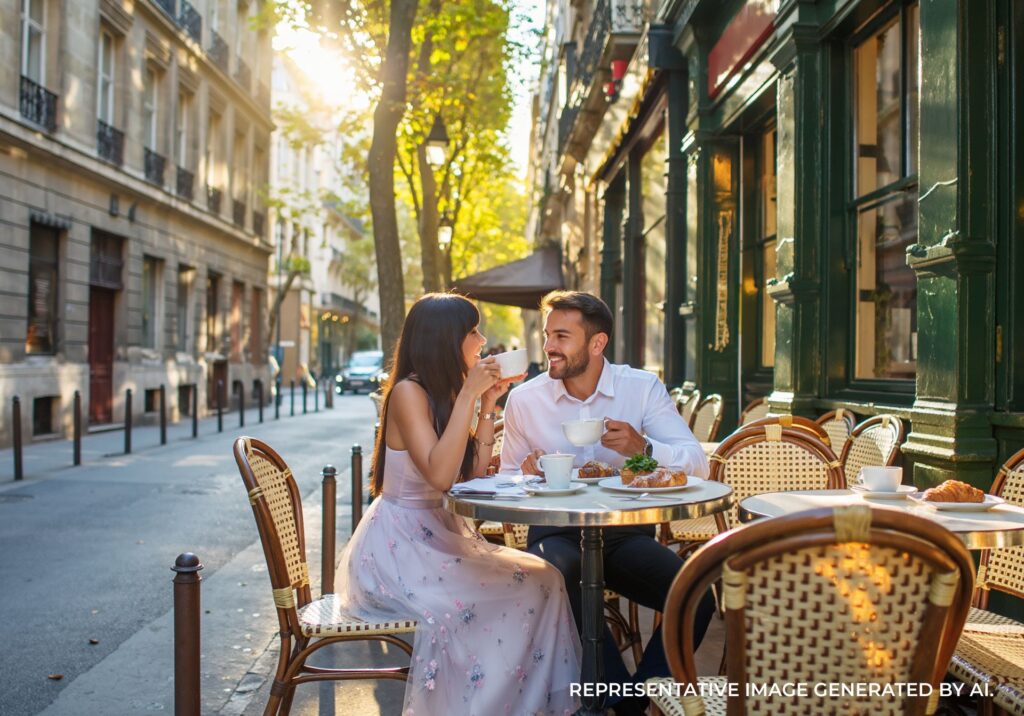 Couple enjoying a meal at a sunlit outdoor café in Paris with greenery and cobblestone street.