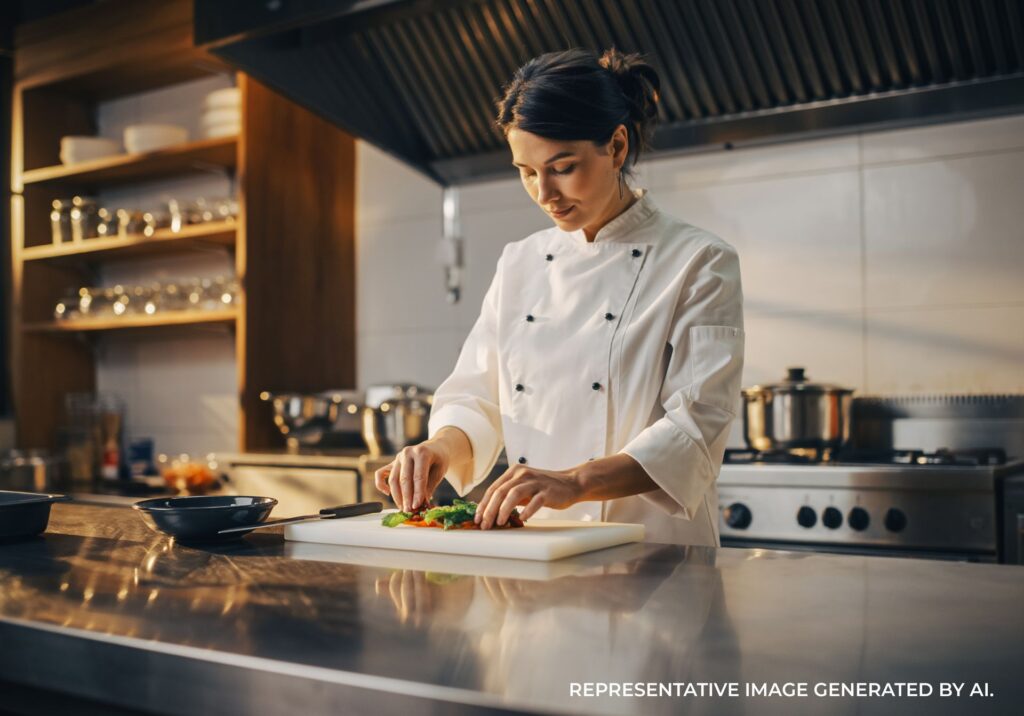 Chef preparing food in a professional kitchen with elegant plating in Paris.