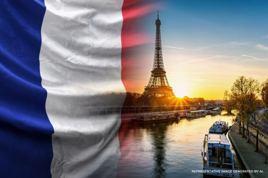 French flag overlay drifting across a sunrise view of the Eiffel Tower and the Seine River in Paris, France.