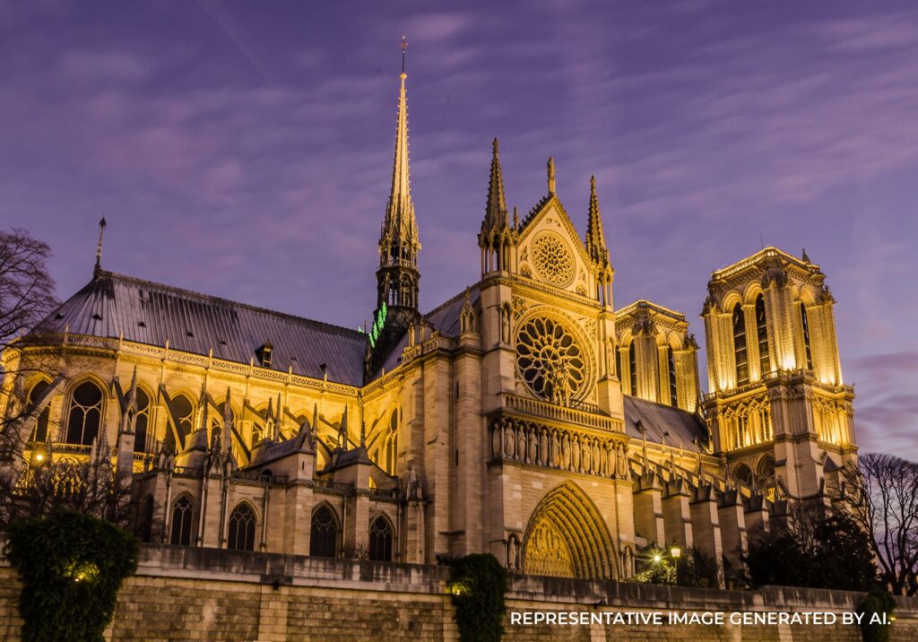 Notre Dame Cathedral illuminated with golden lighting during blue hour