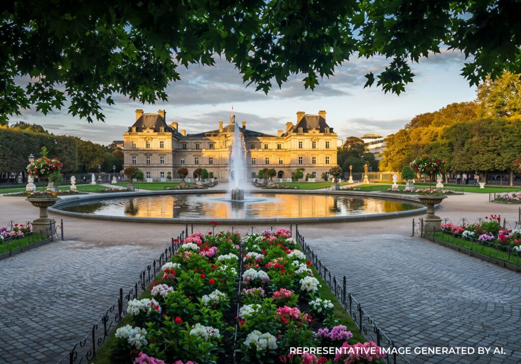 Garden pathway with vibrant flowers, fountains, and historic architecture in the Jardin du Luxembourg in Paris.