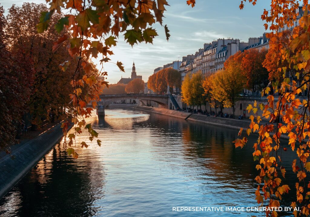 Autumn trees with colorful leaves along the Seine River with historic bridges and reflections in the water.