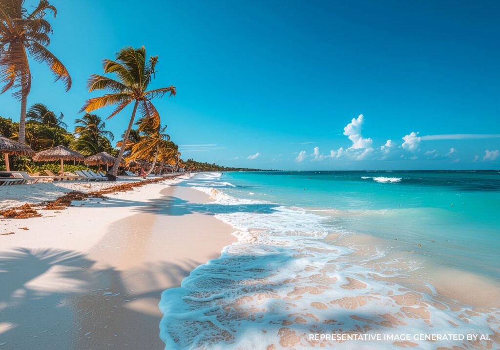 White sand shoreline in Playa del Carmen with gentle waves and tall palm trees under a summer sky.