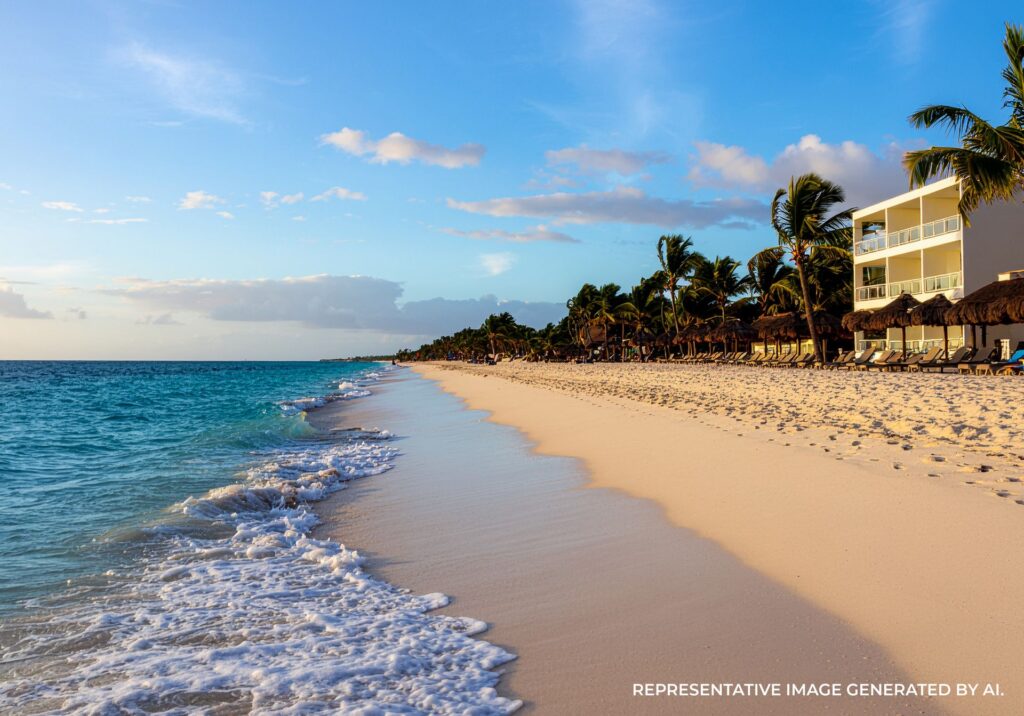 Soft waves at sunset along Playa del Carmen with palm trees and a beachfront resort in view.