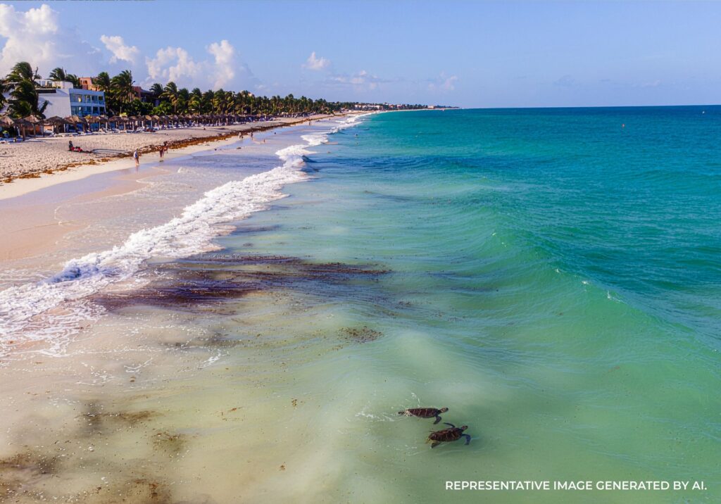 Gentle waves washing onto a soft sandy beach in Playa del Carmen with turquoise water and palm trees in the distance.