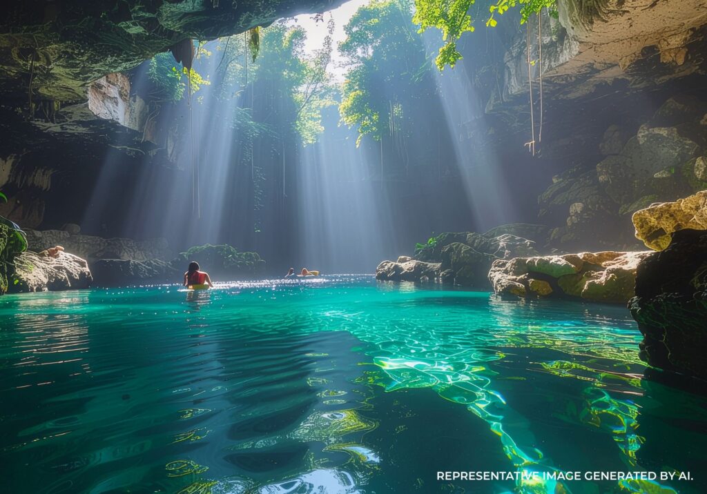 Swimmer floating in a crystal clear cenote with sunlight streaming through an opening and illuminating the water.