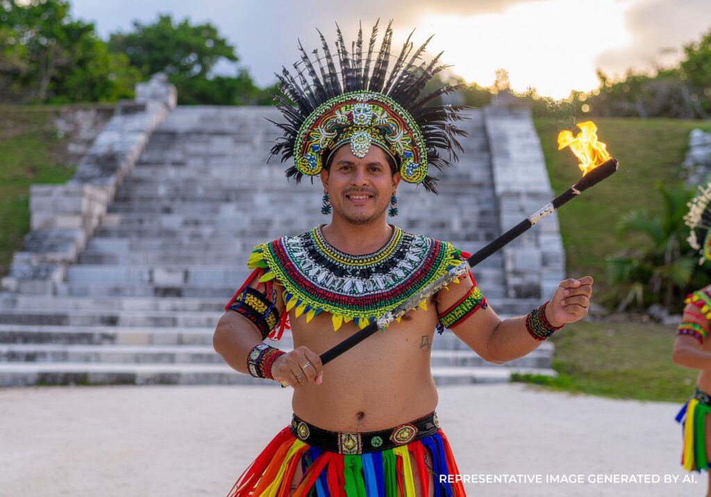 Mayan performer wearing colorful feathered attire standing near ancient stone steps and holding a ceremonial item.