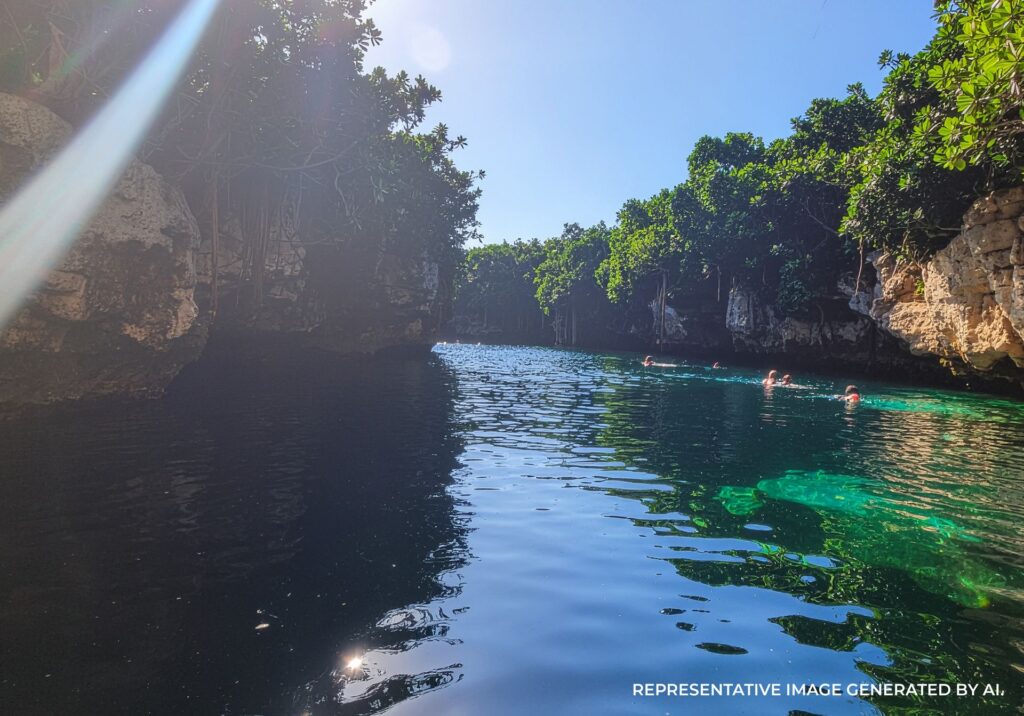 Calm cenote water reflecting lush jungle vegetation with soft light filtering across the surface.