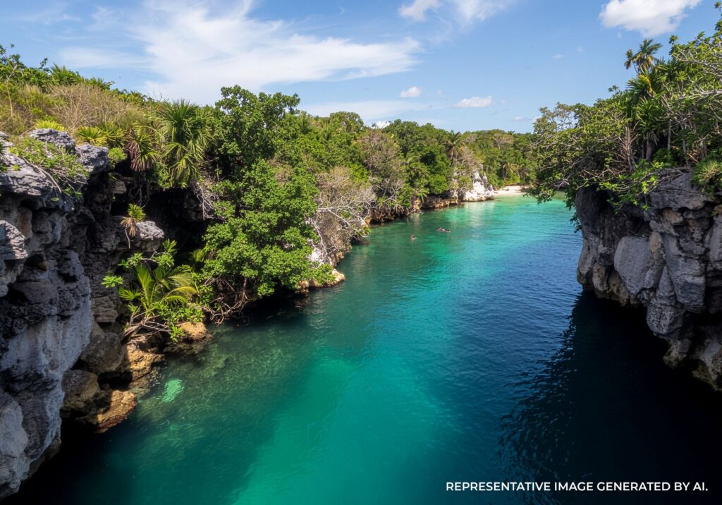 Clear emerald water flowing through a rocky cenote channel bordered by thick tropical plants and trees.