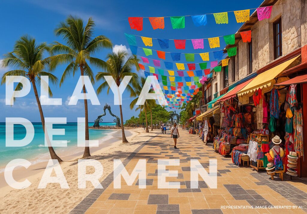 AI representation of Playa del Carmen blending turquoise shoreline and colorful town streets under bright Caribbean skies.