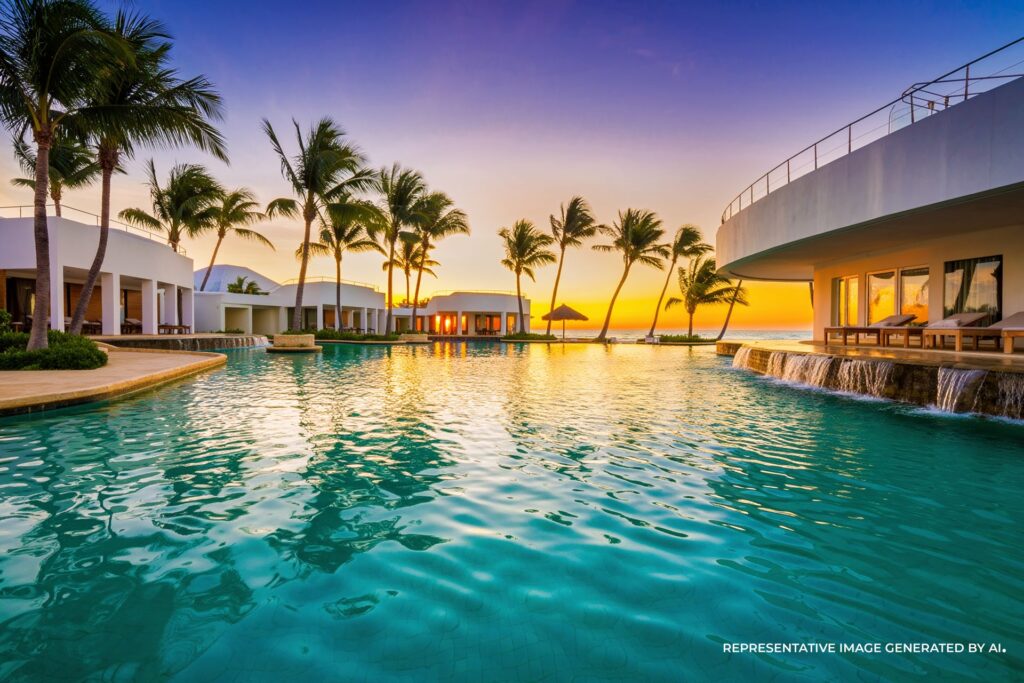 AI Generated luxury beachfront resort in Playa del Carmen with palm trees, infinity pool, and oceanfront villas glowing at sunset.