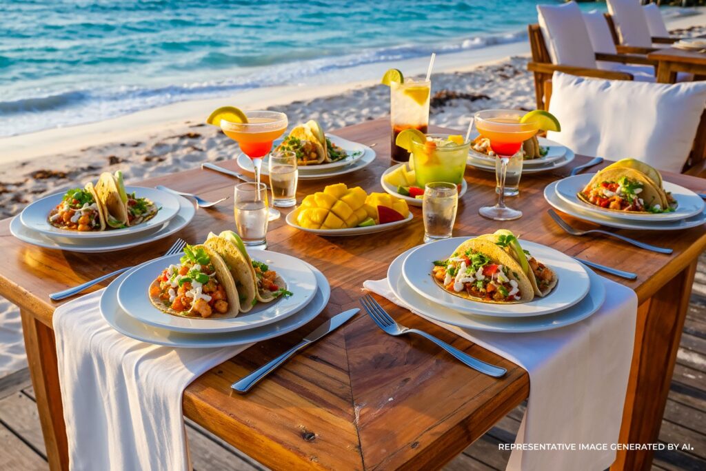 Beachfront dining in Playa del Carmen featuring seafood tacos, tropical cocktails, and ocean waves at sunset.