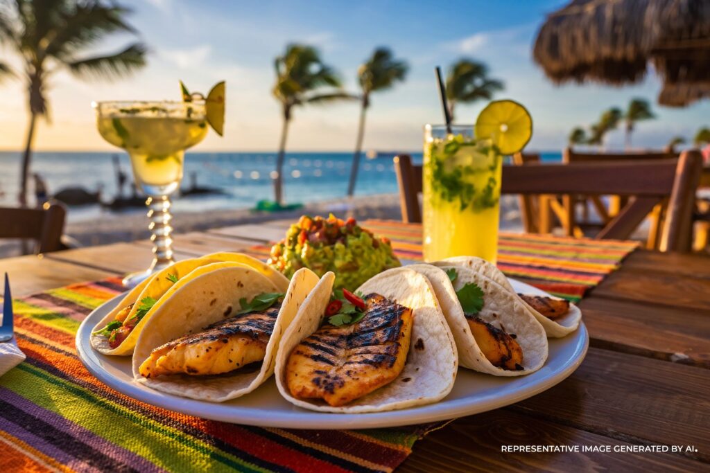 Close-up of grilled fish tacos and mojitos served on a colorful beach table with the Caribbean Sea in the background, AI generated.
