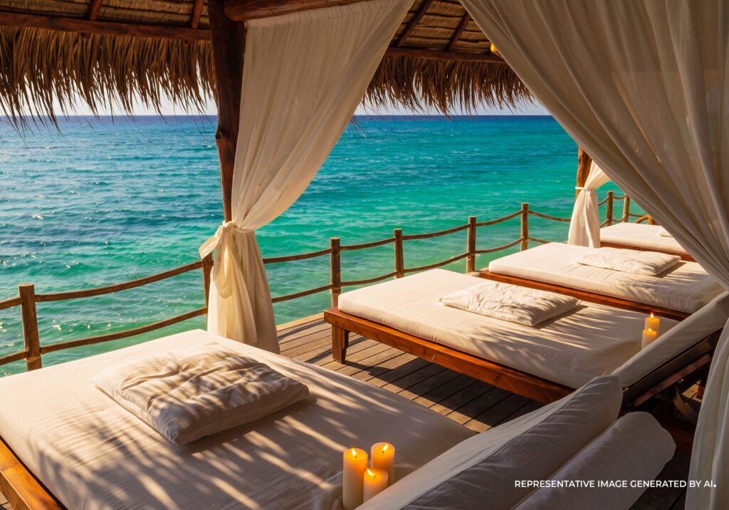 Luxury oceanfront cabana in Playa del Carmen with comfortable daybeds, flowing white curtains, and turquoise Caribbean water in the background.