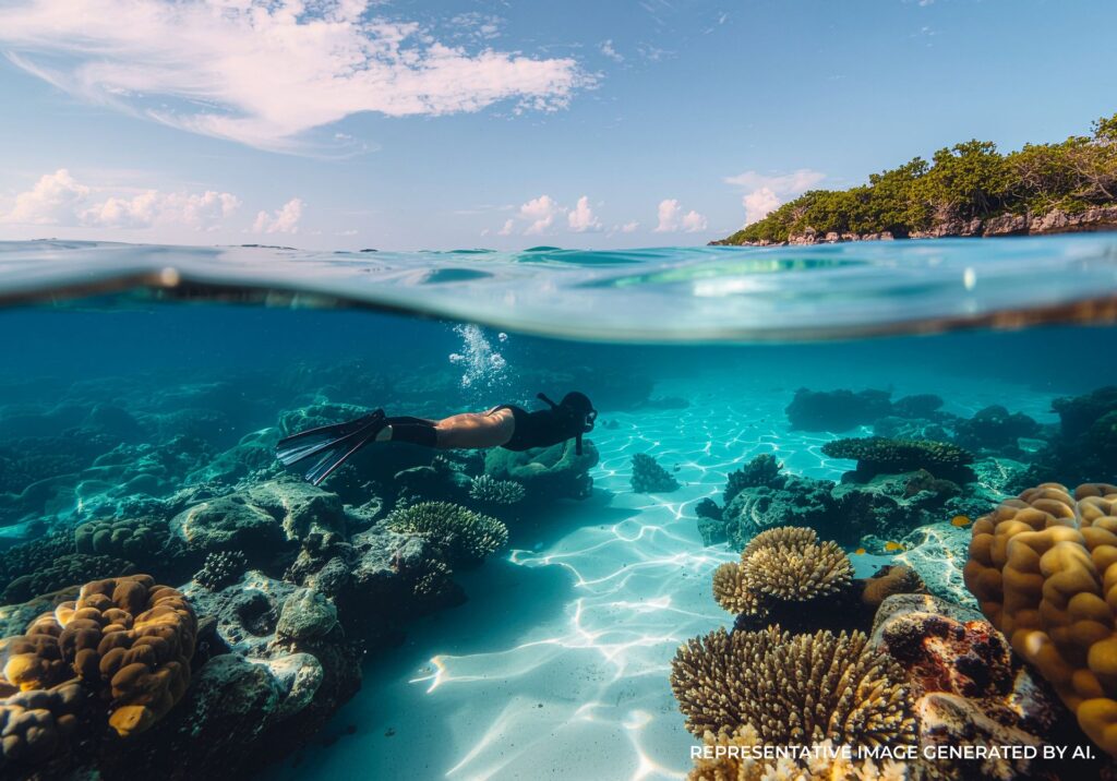Shallow turquoise water revealing coral and rocks below as a snorkeler explores the coastline.