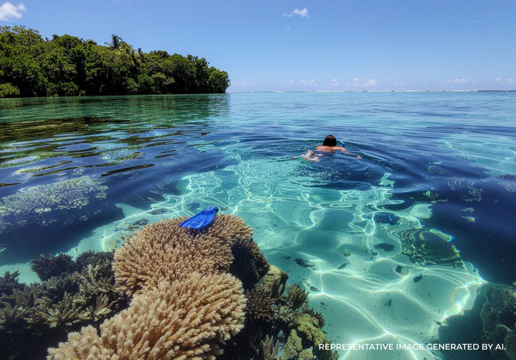 Snorkeler gliding over coral in clear blue water with sunlight reflecting across the surface.