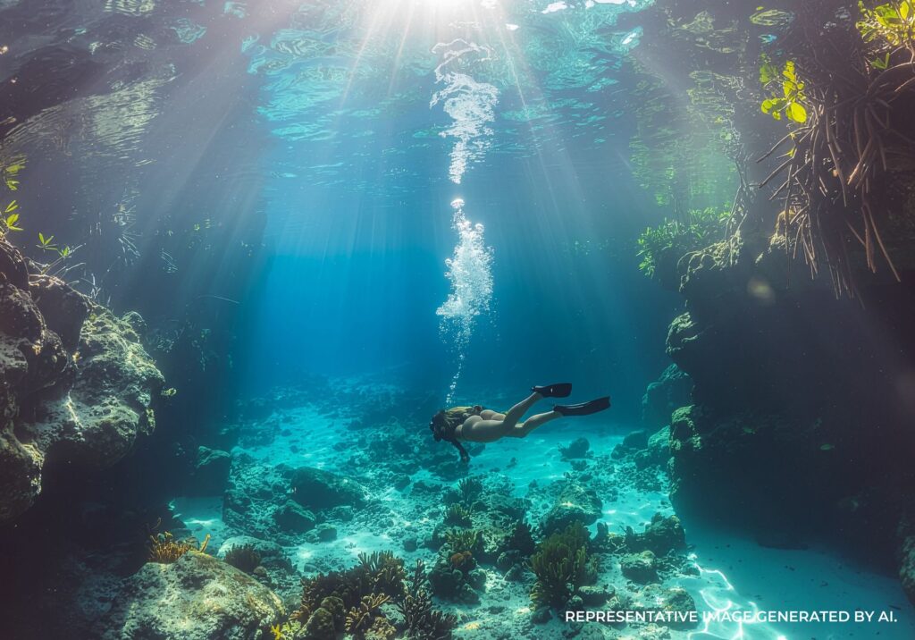 Underwater cenote scene with beams of sunlight shining through the surface as a snorkeler drifts above the rocks.