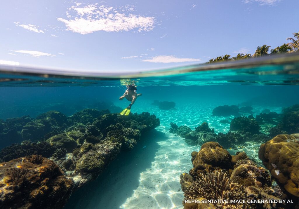 Snorkeler swimming above colorful coral formations in clear Caribbean wa