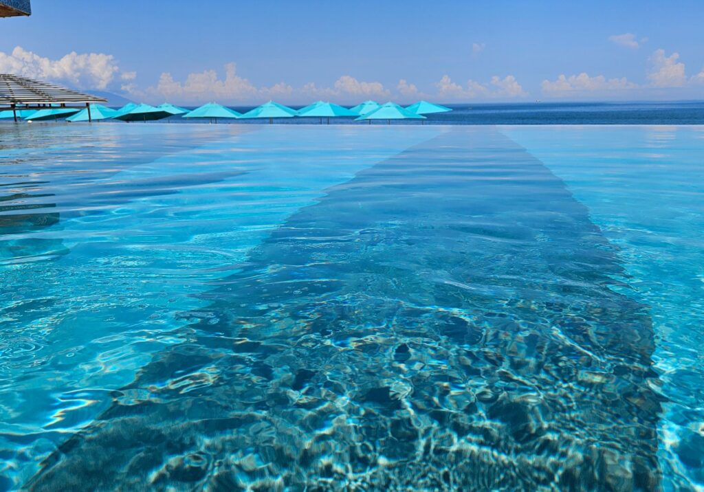 A close-up view of bright turquoise pool water in Puerto Vallarta