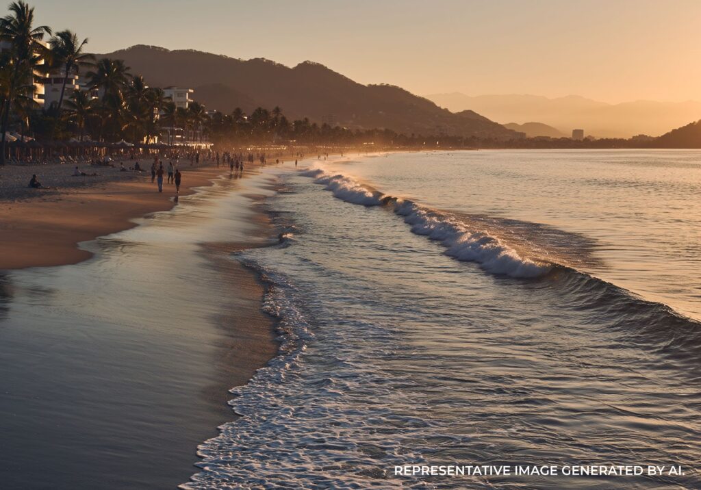Soft waves roll toward the beach in Puerto Vallarta during a warm sunset