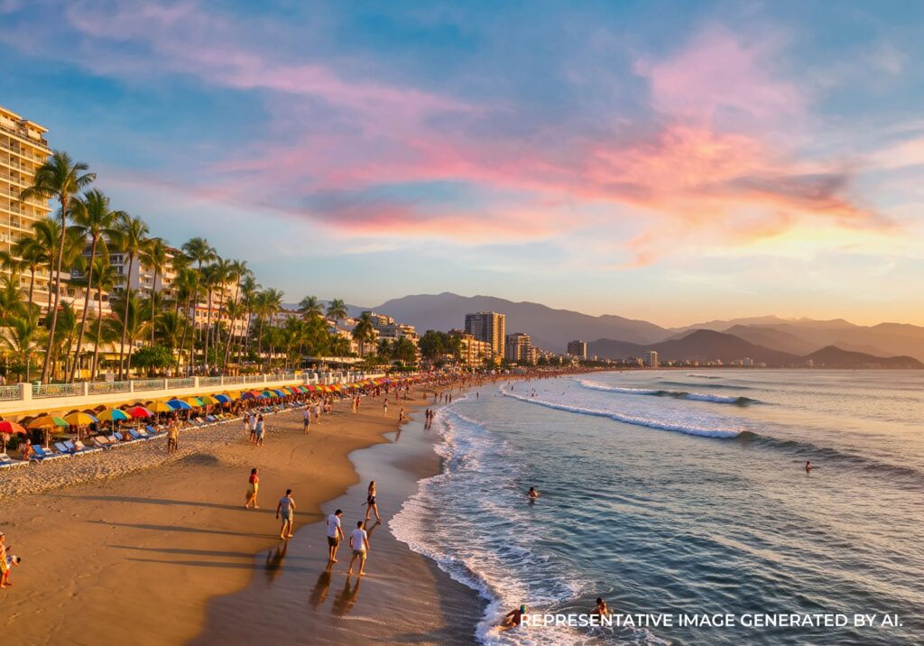 Waves wash ashore near the city lights of Puerto Vallarta under a colorful dusk sky