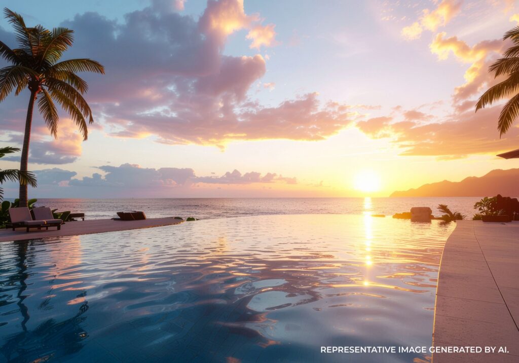Luxury infinity pool with ocean views at sunset in Puerto Vallarta