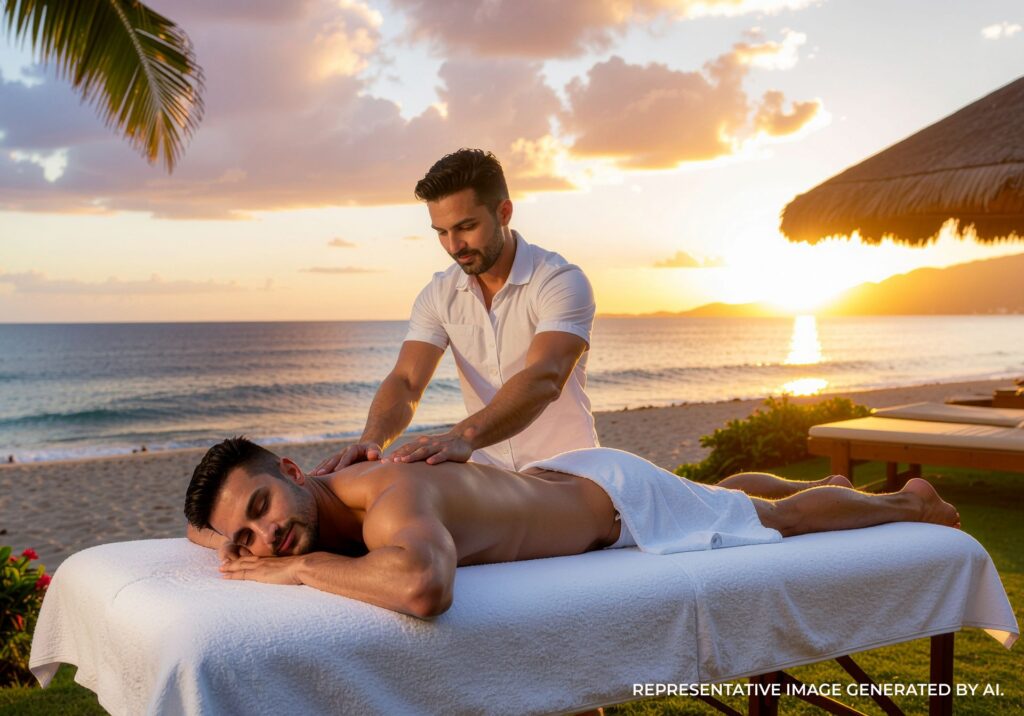 Male spa therapist giving a massage on a beach massage table at sunset in Puerto Vallarta.