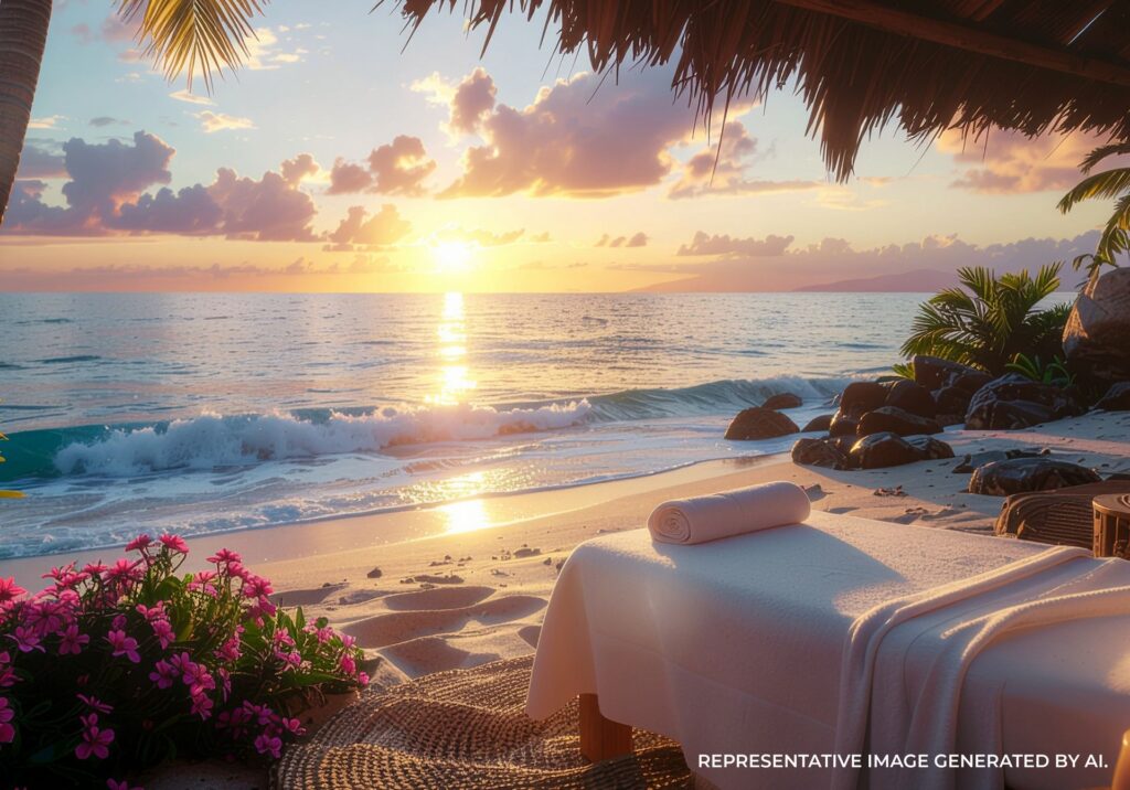 Massage table set on the beach at sunset with waves, flowers, and a palapa in Puerto Vallarta
