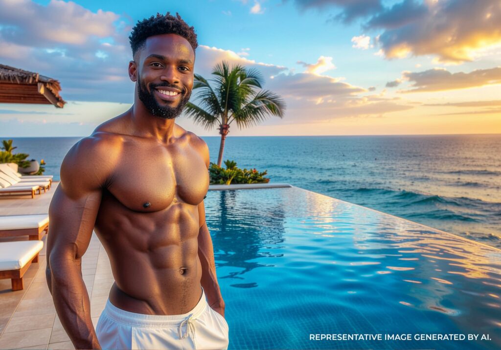 Smiling man standing by a luxury infinity pool overlooking the ocean in Puerto Vallarta