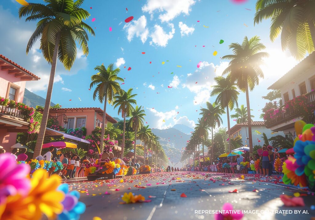 Palm lined street decorated for a Pride parade in Puerto Vallarta