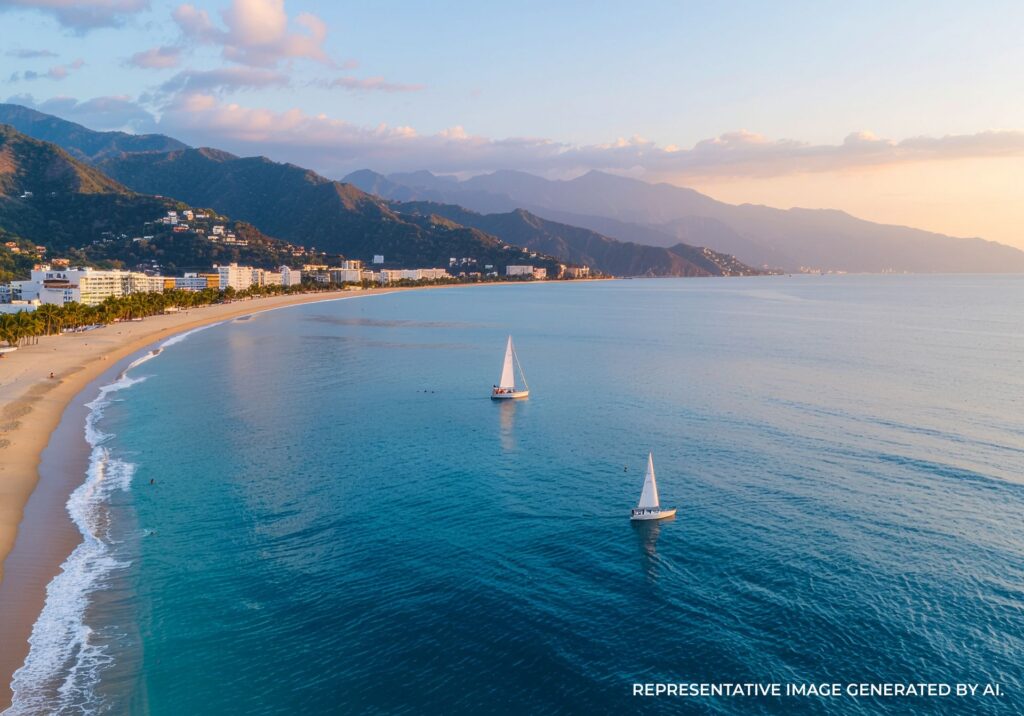 Two sailboats drifting along the Puerto Vallarta shoreline during a pastel sunset