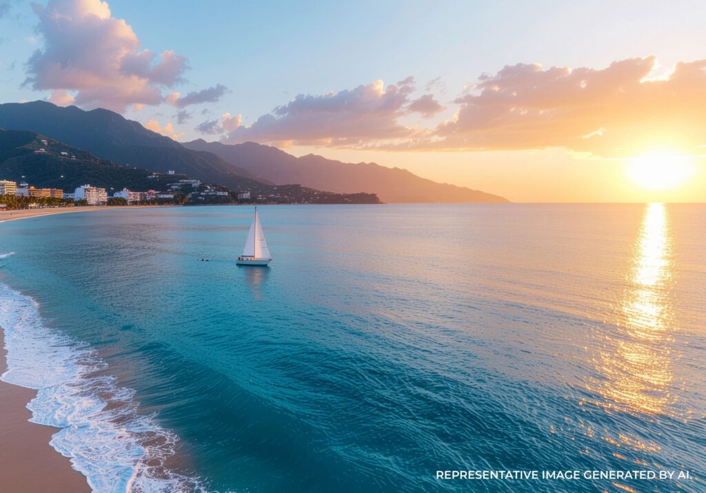 Single sailboat on glowing ocean waters at sunset in Puerto Vallarta