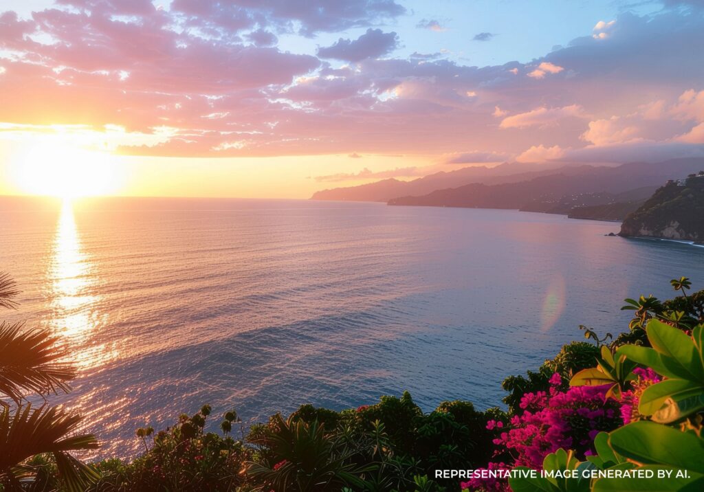 Sunset casting soft golden light over the ocean and mountains in Puerto Vallarta