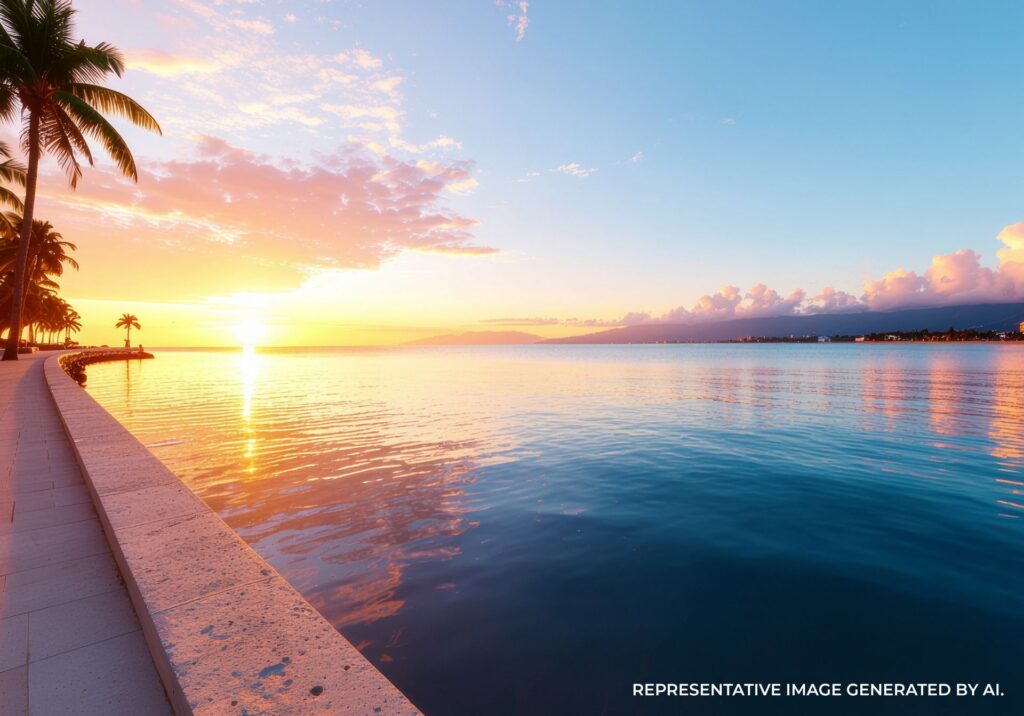 Palm lined waterfront in Puerto Vallarta at sunset