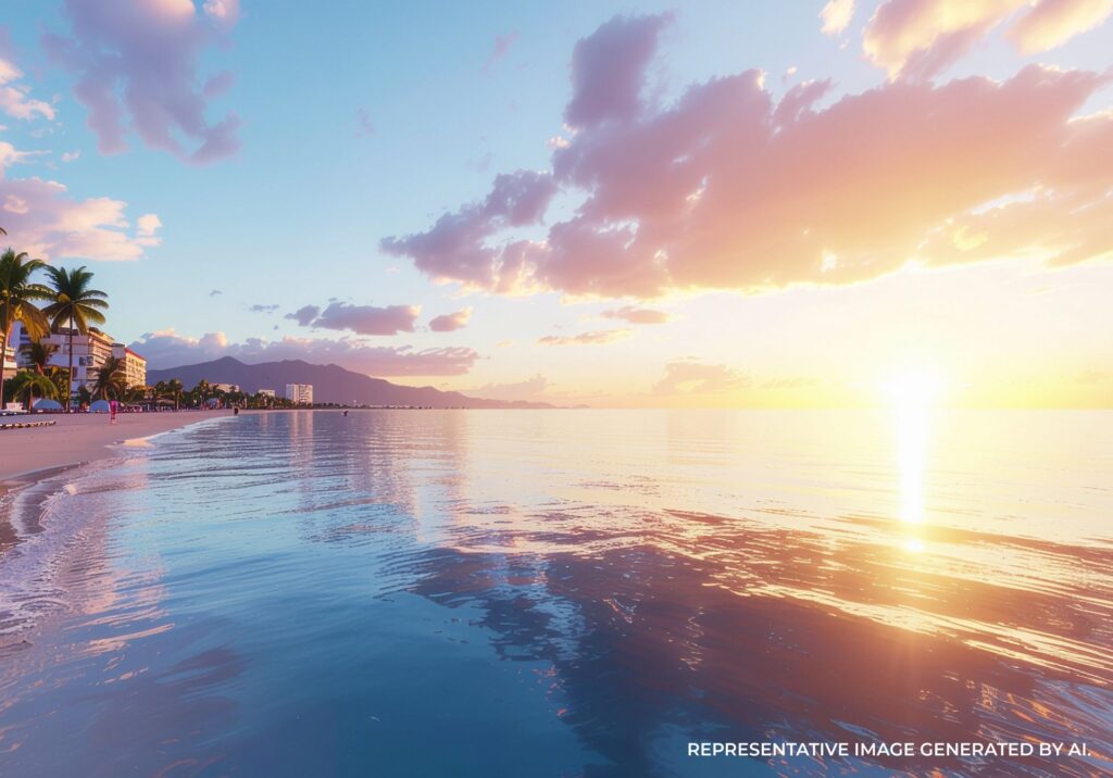 Warm golden light spreads across the beaches of Puerto Vallarta during sunset with gentle waves rolling in and soft clouds reflecting pastel colors over the mountains. AI generated.