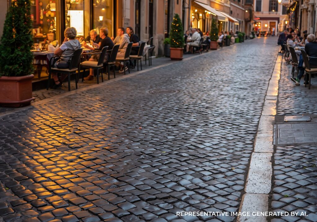 Cobblestone street glistening with sunset light in Rome, Italy