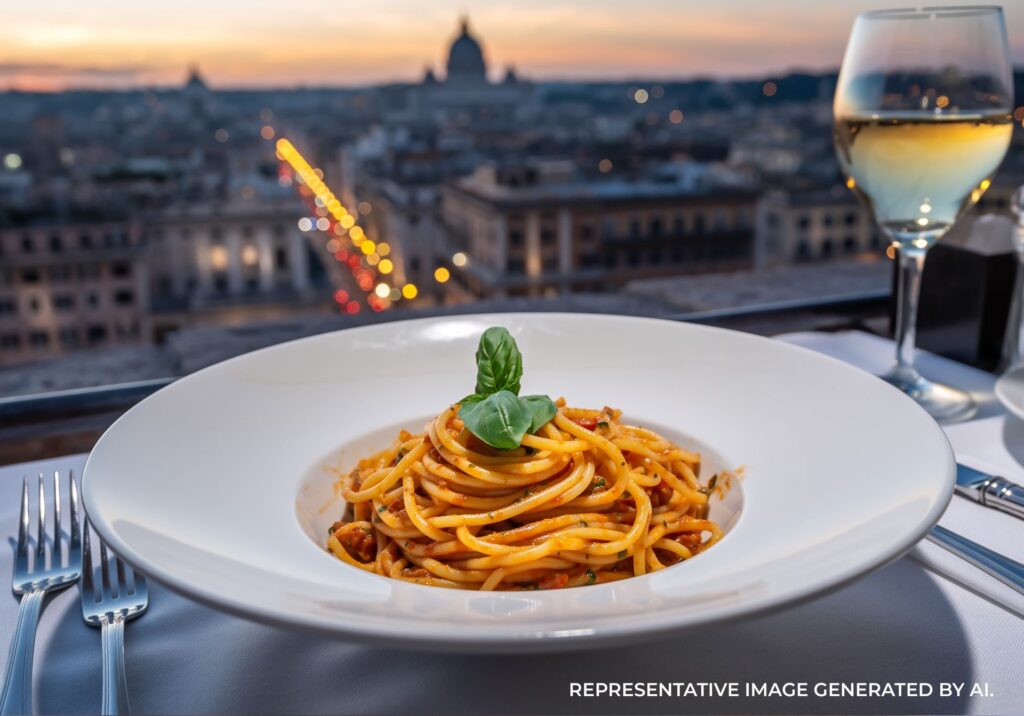 Pasta dish with city view in Rome, Italy