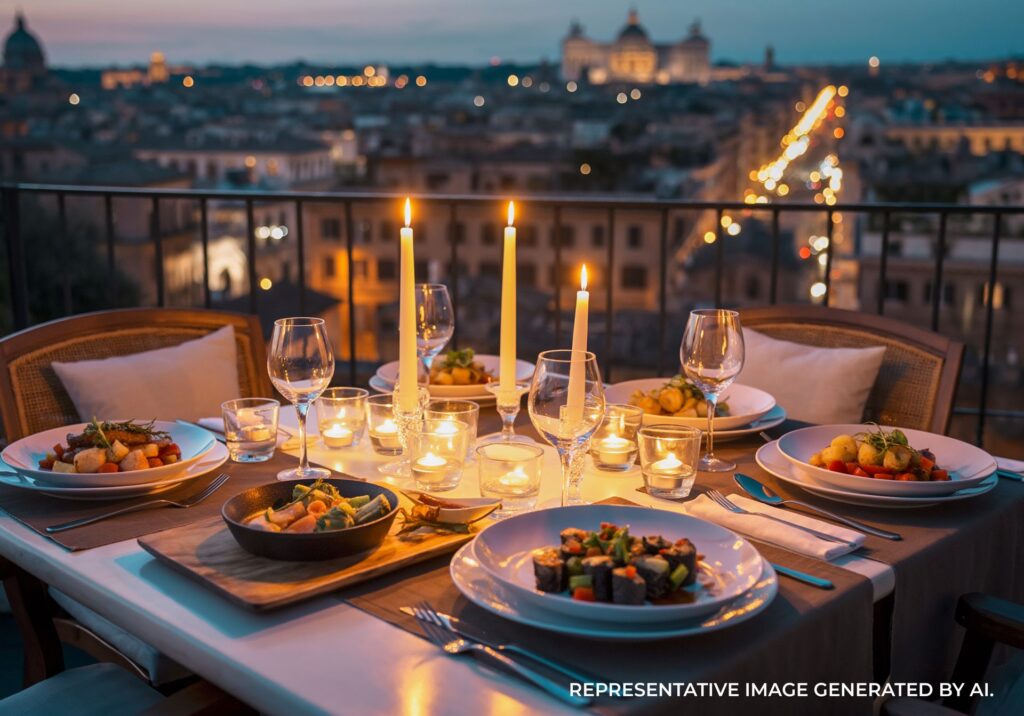 Fine dining table with city view in Rome, Italy