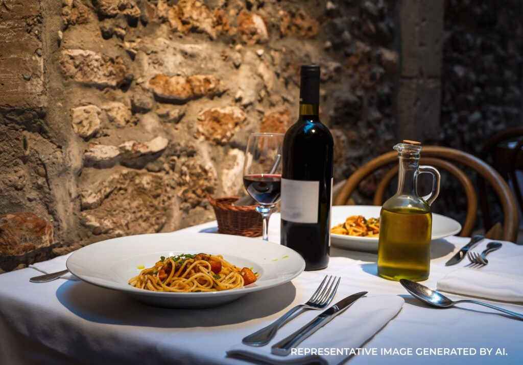 Outdoor dinner with pasta and wine in Rome, Italy